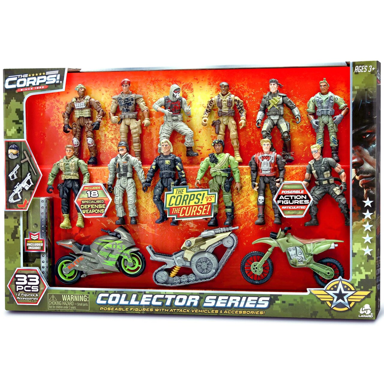Lanard The Corps! Collector Series - 12 Pack Action Figures, Fully Articulated Poseable Combat Figurines, Military Toys, 21 Play Accessories, Kids 3+